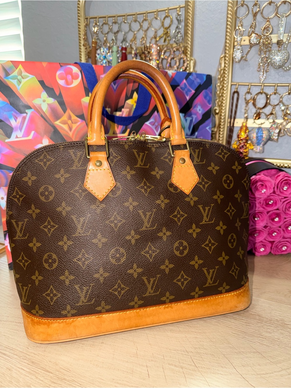 Louis Vuitton Brown Monogram Satchel with Tan Leather Trim